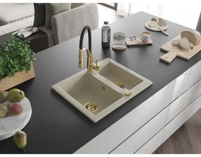 Mexen Carlos, 1,5-komorový granitový drez 582x475x177 mm a drezová batéria Aster, béžová, 6518-69-73450-57-G