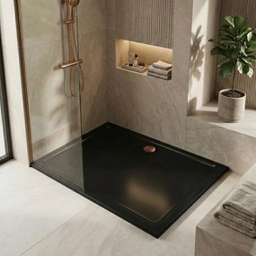Rea Savoy, sprchová vanička 100x80x6 cm + sifón s chrómovou krytkou, čierna lesklá, REA-K4087