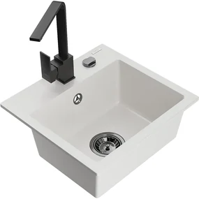 Mexen Milo, 1-komorový granitový drez 435x410x171 mm a čierna batéria Rita, biela, 6505-20-670300-70