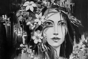 Tapeta čiernobiela maľba dievčaťa s kvetinami