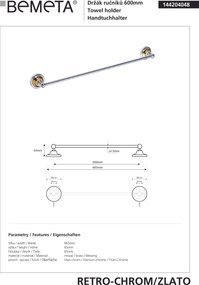 Bemeta Design RETRO gold-chrom: Držiak uterákov, 600 mm - 144204048