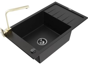 Mexen Elias, granitový drez granitový 795x480x200 mm, 1-komorový, čierna s čiernym sifónom a zlatá drezová batéria Rita, 6511-77-670300-50-B