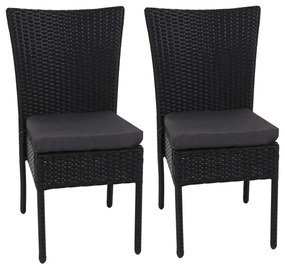 Set 2 záhradných stoličiek HWC-G19, polyratan, stohovateľná - čierne, vankúše tmavo sivé