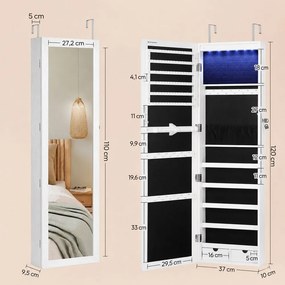 Nástenná šperkovnica so zrkadlom JEWELIA s LED osvetlením, 10x37x120cm, biela SongmicsHome