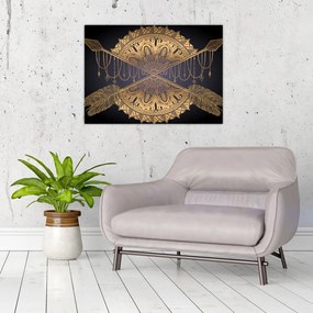 Sklenený obraz - Zlatá mandala s šípmi (70x50 cm)