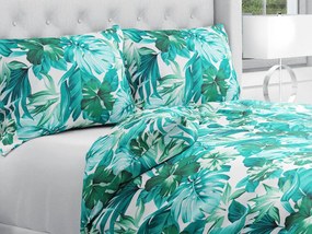 Biante Bavlnené posteľné obliečky Sandra SA-484 Modro-zelené kvety a listy monstery na bielom Jednolôžko 140x200 a 70x90 cm