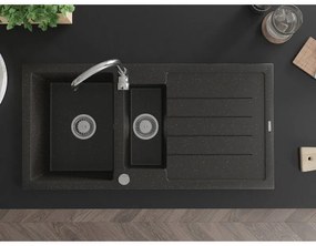 Mexen Andres, granitový drez 1000x500x200 mm, 1,5-komorový, čierna - zlatá metalíza s chrómovým sifónom a chrómová drezová batéria Telma, 6515-75-670200-00