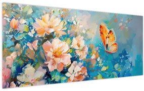 Obraz - Motýľ a kvety, olejomaľba II. (120x50 cm)