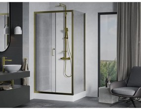 Mexen Apia, sprchový kút s posuvnými dverami 120 (dvere) x 90 (stena) cm, 6mm číre sklo, zlatý profil + biela sprchová vanička RIO, 840-120-090-50-00-4510