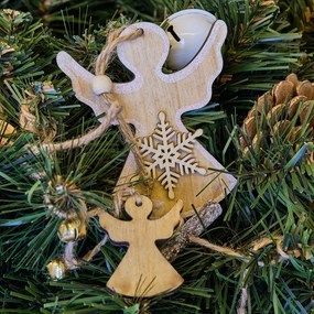 DECOLED Závesná drevená dekorácia, traja anjeli, 43 cm