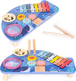 Drevený hudobný stolík s 4 nástrojmi pre deti (xylofón, bubon, tarka) – veľryba ECOTOYS