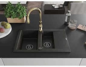 Mexen Gaspar, 1,5-komorový granitový drez 737x475x177 mm a drezová batéria Savita, čierna-zlatá metalíza, 6507-75-672601-50-B
