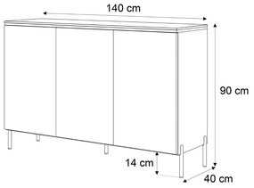 KOMODA NESSIE 2 TROJDVEROVÁ BIELY LESK + ZLATÁ 140 cm
