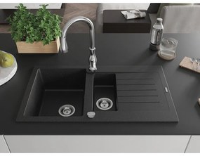 Mexen Matias, 1,5-komorový granitový drez 900x505x200 mm a drezová batéria Savita, čierna-strieborná metalíza, 6502-73-672601-00