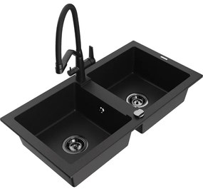 Mexen Mario, granitový drez 820x436x161 mm, 2-komorový a drezová batéria Duo, čierna, 6504-77-671701-70-B