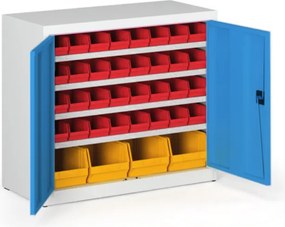 Skriňa s plastovými boxmi BASIC - 800 x 400 x 920 mm, 32x A, 4x C, sivá/modré dvere