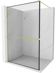 Mexen Kioto+, sprchová zástena Walk-In s poličkou a vešiakom 130 x 200 cm, 8mm číre sklo čierny vzor, zlatý matný profil, 800-130-121-55-70
