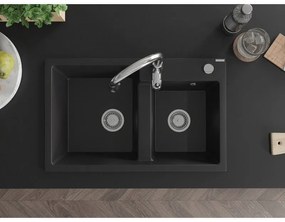 Mexen Tomas, granitový drez 800x500x190 mm, 2-komorový a drezová batéria Savita, čierna, 6516-77-672601-00
