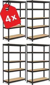 Regál 180x90x30 cm robustný lakovaný 5-policový, nosnosť 1000 kg - čierny - 4ks