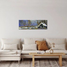 Obraz chalúpky v zimnej krajine, olejomaľba (s hodinami) (90x30 cm)