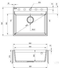 Deante Corio, 1-komorový granitový drez 600x500x216 mm, šedá metalíza, DEA-ZRC_S10A