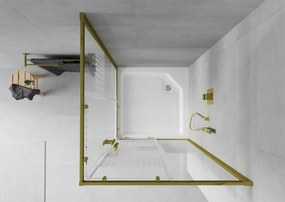 Mexen Rio, štvorcový sprchovací kút s posuvnými dverami 90(dvere) x 90(dvere) x 190 cm, 6mm číre sklo s pásikmi, zlatý profil + biela sprchová vanička RIO, 860-090-090-50-20-4510