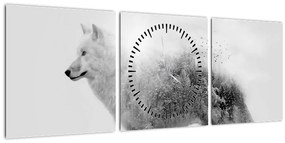 Obraz - Arktický vlk zrkadliaci divokú krajinu, čiernobiely (s hodinami) (90x30 cm)