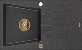 Mexen Cesar, granitový drez 775x470x190 mm, 1-komorový, čierna škvrnitá so zlatým sifónom, 6514771010-76-G