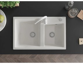 Mexen Tomas, granitový drez 800x500x190 mm, 2-komorový a biela batéria Telma, biela, 6516-20-670200-20