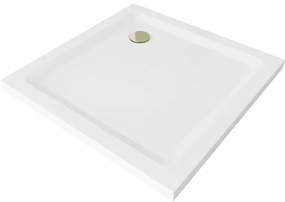 Mexen SLIM - Štvorcová sprchová vanička 100x100x5cm + zlatý sifón, biela, 40101010G