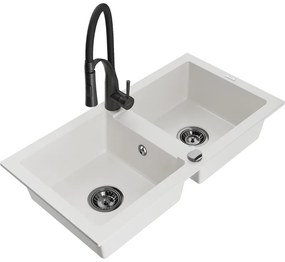 Mexen Mario, granitový drez 820x436x161 mm, 2-komorový a drezová batéria Aster, biela, 6504-20-73450-70-B