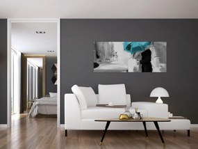 Obraz - Zamilovaný pár s dáždnikom, modrý (120x50 cm)