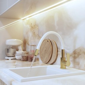 Gamma Flex 2000, stojanková drezová batéria s flexibilným ramenom, biela-zlatá matná, GMA-BFX-2000WHGD