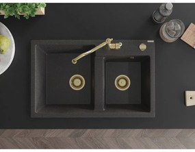 Mexen Tomas, granitový drez 800x500x190 mm, 2-komorový a drezová batéria Carla, čierna škvrnitá, 6516-76-670700-50