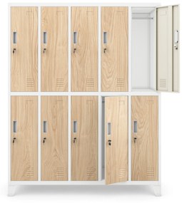 Kovová šatňová boxová skriňa na nôžkach s 10 boxami BARTEK, 1360 x 1720 x 450 mm, Eco Design: biela/ dub sonoma
