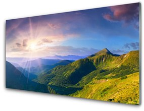 Skleneny obraz Hora lúka slnko krajina 140x70 cm