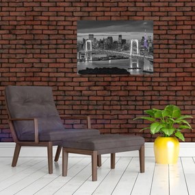 Sklenený obraz - Veľkomesto s fialovou vežou (70x50 cm)