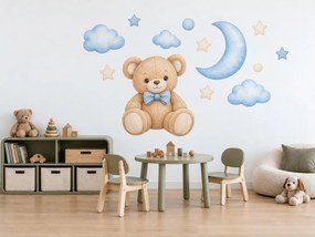 Medvedík s modrým motýlikom textilné nálepky na stenu do izby pre chlapčeka hárok 46 x 34 cm