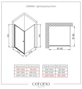 Cerano Ferri, krídlový sprchovací kút 80(dvere) x 100(stena) x 195 cm, 6mm číre sklo, čierny profil, CER-CER-427477