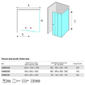 Mereo Lima, sprchovací kút 900x900 cm, štvorec, chróm ALU, sklo Point, MER-CK86622K