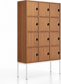 Kancelárska skriňa FRAME, biela podnož, 12x dvere, 1299 x 450 x 2185 mm, kódový zámok, orech