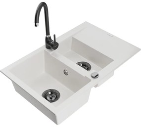 Mexen Gaspar, granitový drez 737x475x177 mm, 1,5-komorový a čierna batéria Telma, biela, 6507-20-670200-70
