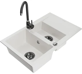 Mexen Gaspar, granitový drez 737x475x177 mm, 1,5-komorový a čierna batéria Telma, biela, 6507-20-670200-70