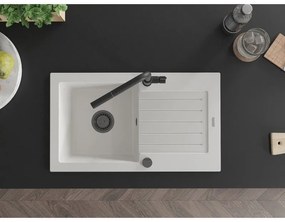 Mexen Pablo, 1-komorový granitový drez 752x436x161 mm a drezová batéria Flora, biela, 6510-20-670401-70-B