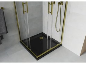 Mexen Rio, štvorcový sprchovací kút s posuvnými dverami 70(dvere) x 70(dvere) x 190 cm, 6mm číre sklo, zlatý profil + čierna sprchová vanička SLIM so zlatým sifónom, 860-070-070-50-00-4070G