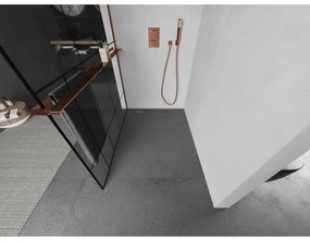 Mexen Kioto+ L, sprchová zástena Walk-In s poličkou a vešiakom 80 x 200 cm, 8mm číre sklo čierny vzor, ružové zlato profil, 800-080-123-60-78