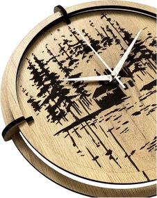 Drevené nástenné hodiny Lesná chatka pri jazere | SENTOP HDF0585-GOLD-OAK
