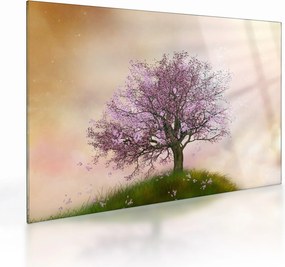 Sklenený obraz rozkvitnutého stromu na vrchole kopca (70x50 cm)