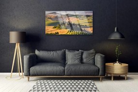 Skleneny obraz Príroda vrchoviny lúky domček 125x50 cm