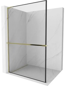Mexen Kioto+ L, sprchová zástena Walk-In s poličkou a vešiakom 90 x 200 cm, 8mm číre sklo čierny vzor, zlatý lesklý profil,800-090-123-50-70